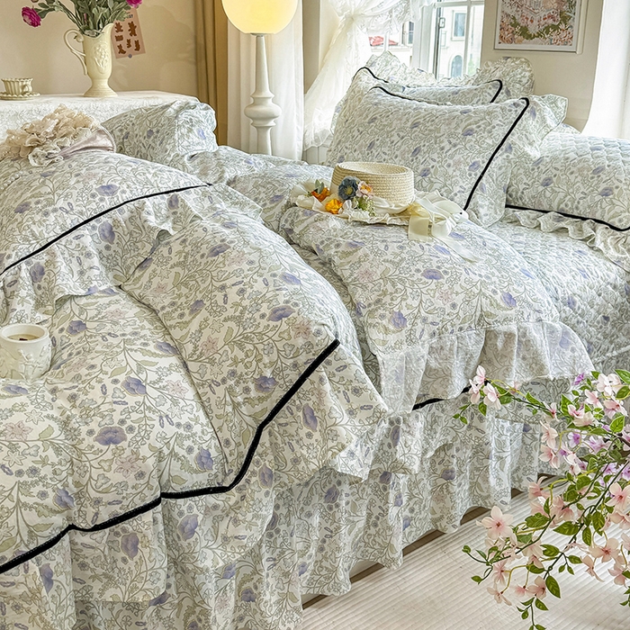 91家纺网 家纺一手货源 找家纺 宜凡家纺 2025新款A类水洗珍珠棉床盖三件套 觅春