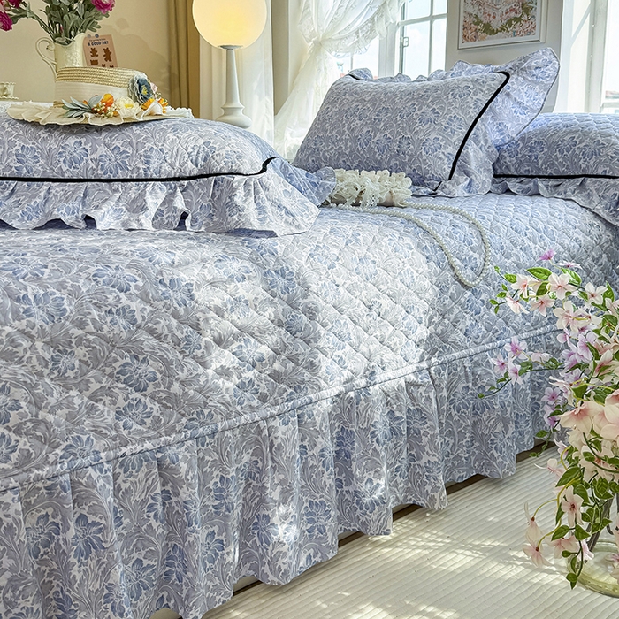 91家纺网 家纺一手货源 找家纺 宜凡家纺 2025新款A类水洗珍珠棉床盖三件套 兰伊