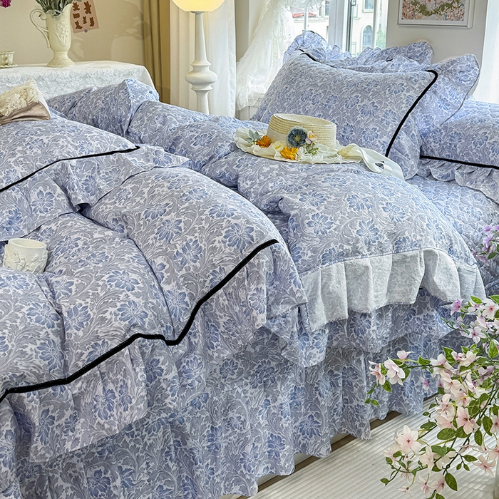 91家纺网 家纺一手货源 找家纺 宜凡家纺 2025新款A类水洗珍珠棉床盖三件套 兰伊