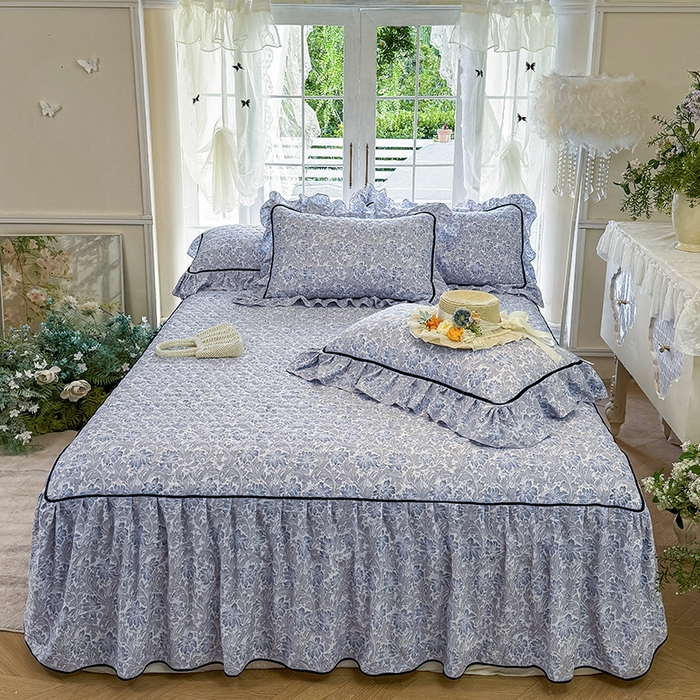 91家纺网 家纺一手货源 找家纺 宜凡家纺 2025新款A类水洗珍珠棉夹棉床裙四件套 兰伊