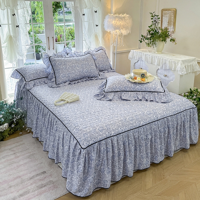 91家纺网 家纺一手货源 找家纺 宜凡家纺 2025新款A类水洗珍珠棉夹棉床裙四件套 兰伊