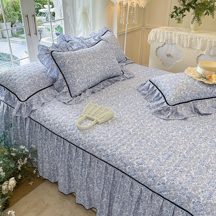 91家纺网 家纺一手货源 找家纺 宜凡家纺 2025新款A类水洗珍珠棉夹棉床裙四件套 兰伊