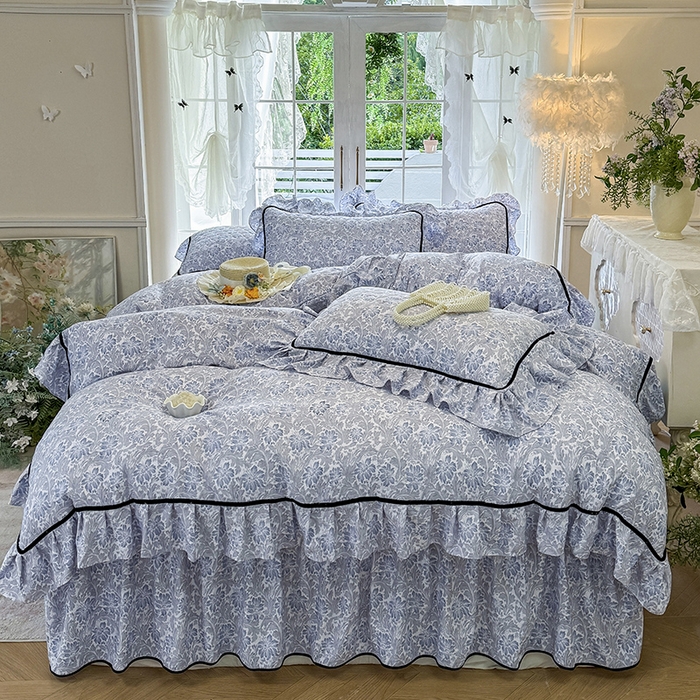 91家纺网 家纺一手货源 找家纺 宜凡家纺 2025新款A类水洗珍珠棉夹棉床裙四件套 兰伊