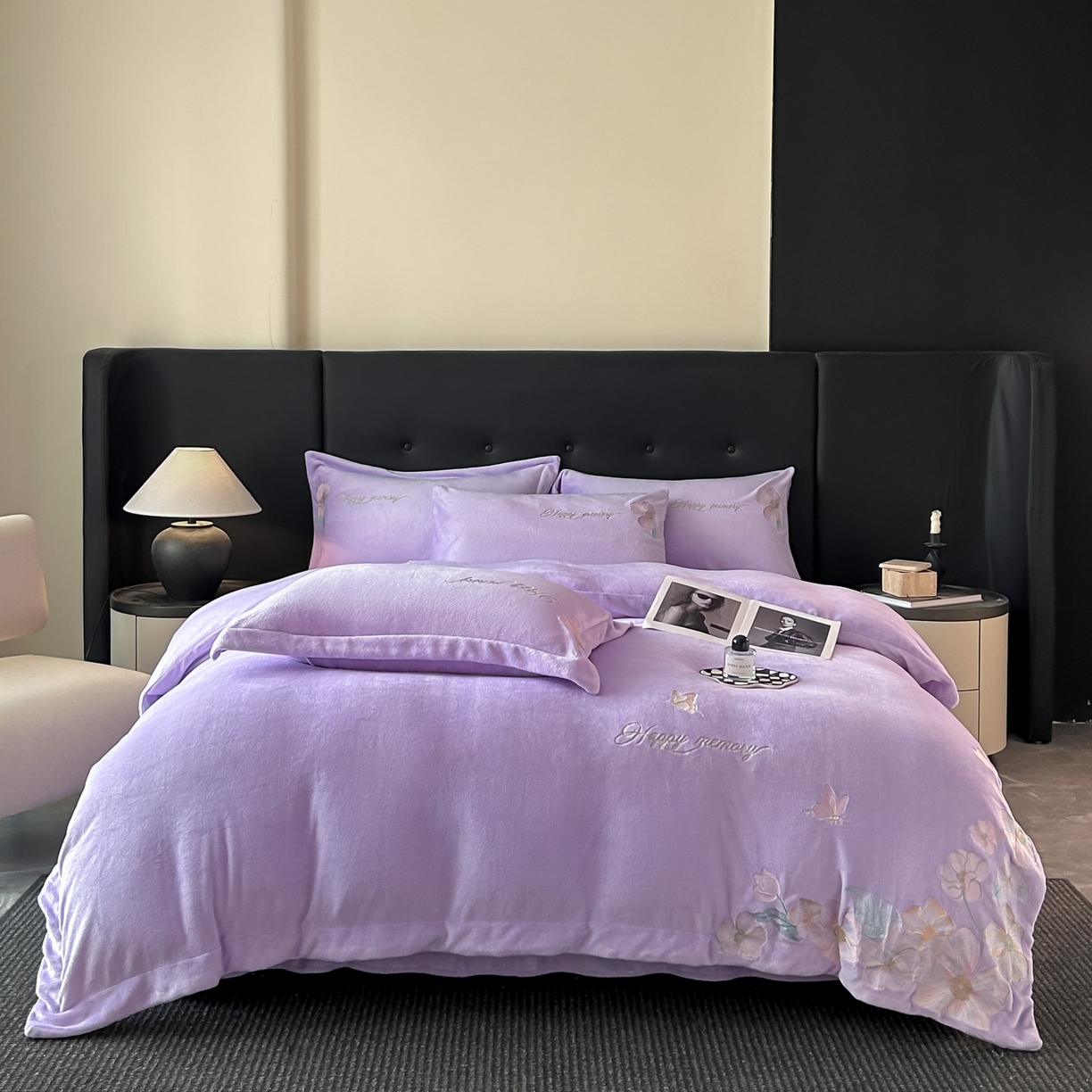 91家纺网 家纺一手货源 找家纺 恋绒家纺 2025新款牛奶绒刺绣四件套-花舞 优雅紫