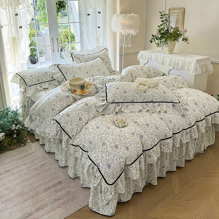 91家纺网 家纺一手货源 找家纺 宜凡家纺 2025新款A类水洗珍珠棉夹棉床裙四件套 觅春