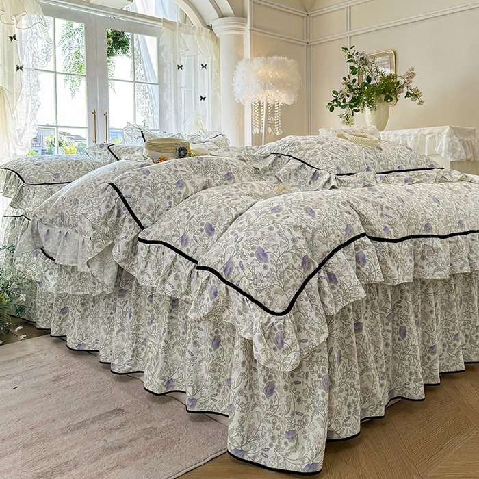 91家纺网 家纺一手货源 找家纺 宜凡家纺 2025新款A类水洗珍珠棉夹棉床裙四件套 觅春