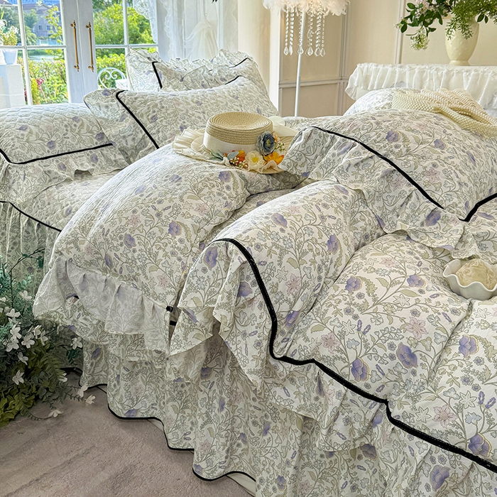 91家纺网 家纺一手货源 找家纺 宜凡家纺 2025新款A类水洗珍珠棉夹棉床裙四件套 觅春