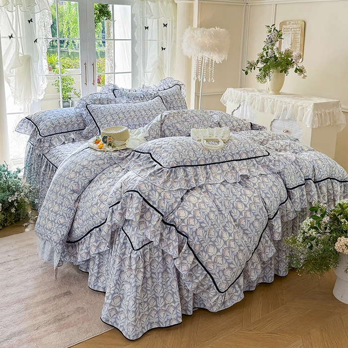 宜凡家纺 2025新款A类水洗珍珠棉夹棉床裙四件套 夕雾