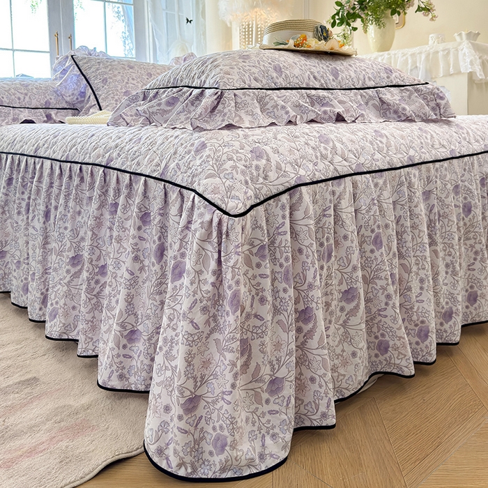 91家纺网 家纺一手货源 找家纺 宜凡家纺 2025新款A类水洗珍珠棉夹棉床裙三件套 洛拉