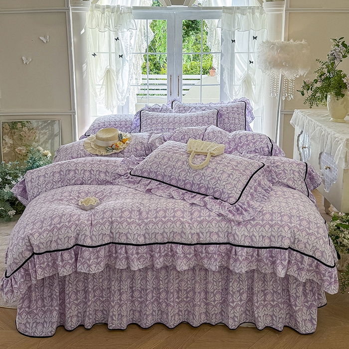 91家纺网 家纺一手货源 找家纺 宜凡家纺 2025新款A类水洗珍珠棉夹棉床裙三件套 芙汐