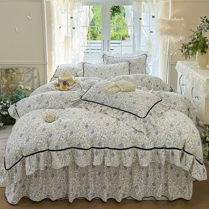 91家纺网 家纺一手货源 找家纺 宜凡家纺 2025新款A类水洗珍珠棉夹棉床裙三件套 觅春