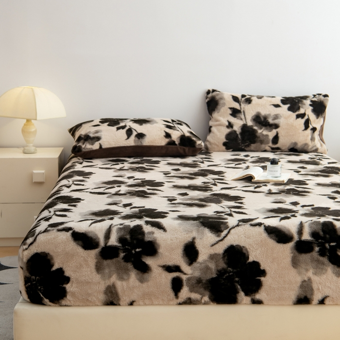 91家纺网 家纺一手货源 找家纺 九花鹿 2025新款A类加厚兔毛绒单床笠床褥子床护垫 水墨花