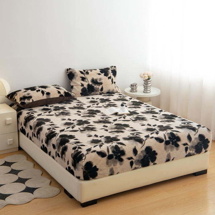 91家纺网 家纺一手货源 找家纺 九花鹿 2025新款A类加厚兔毛绒单床笠床褥子床护垫 水墨花