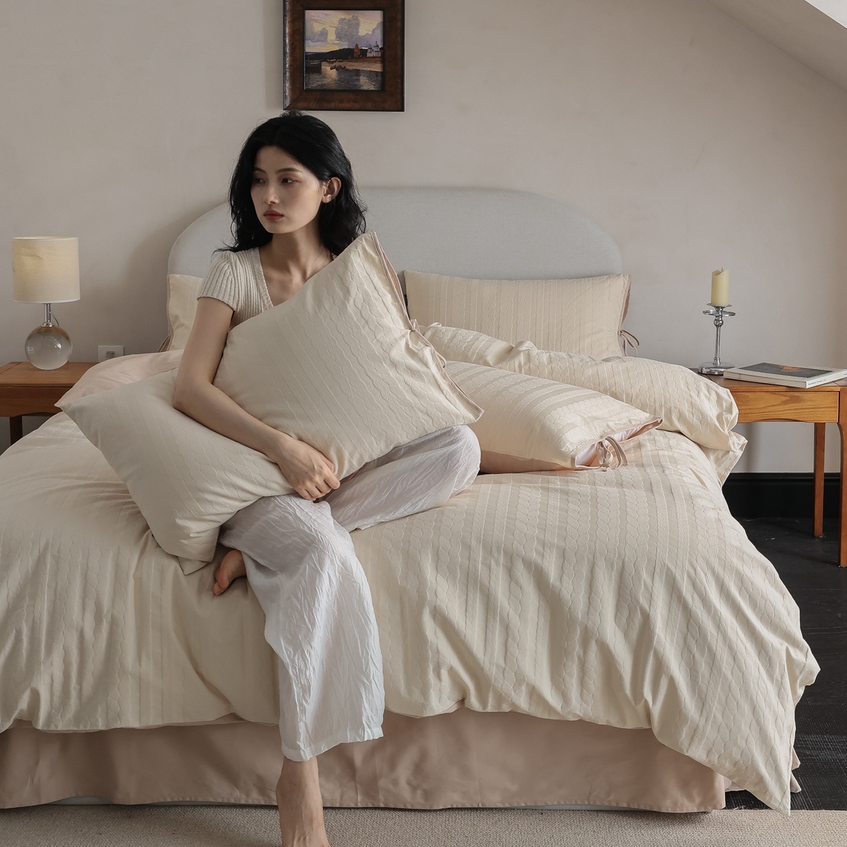 玉宇阁家居 2025秋冬新品60s色织全棉纯棉磨毛大提花四件套-绑带款-第二组图 绑带款-淡琉璃