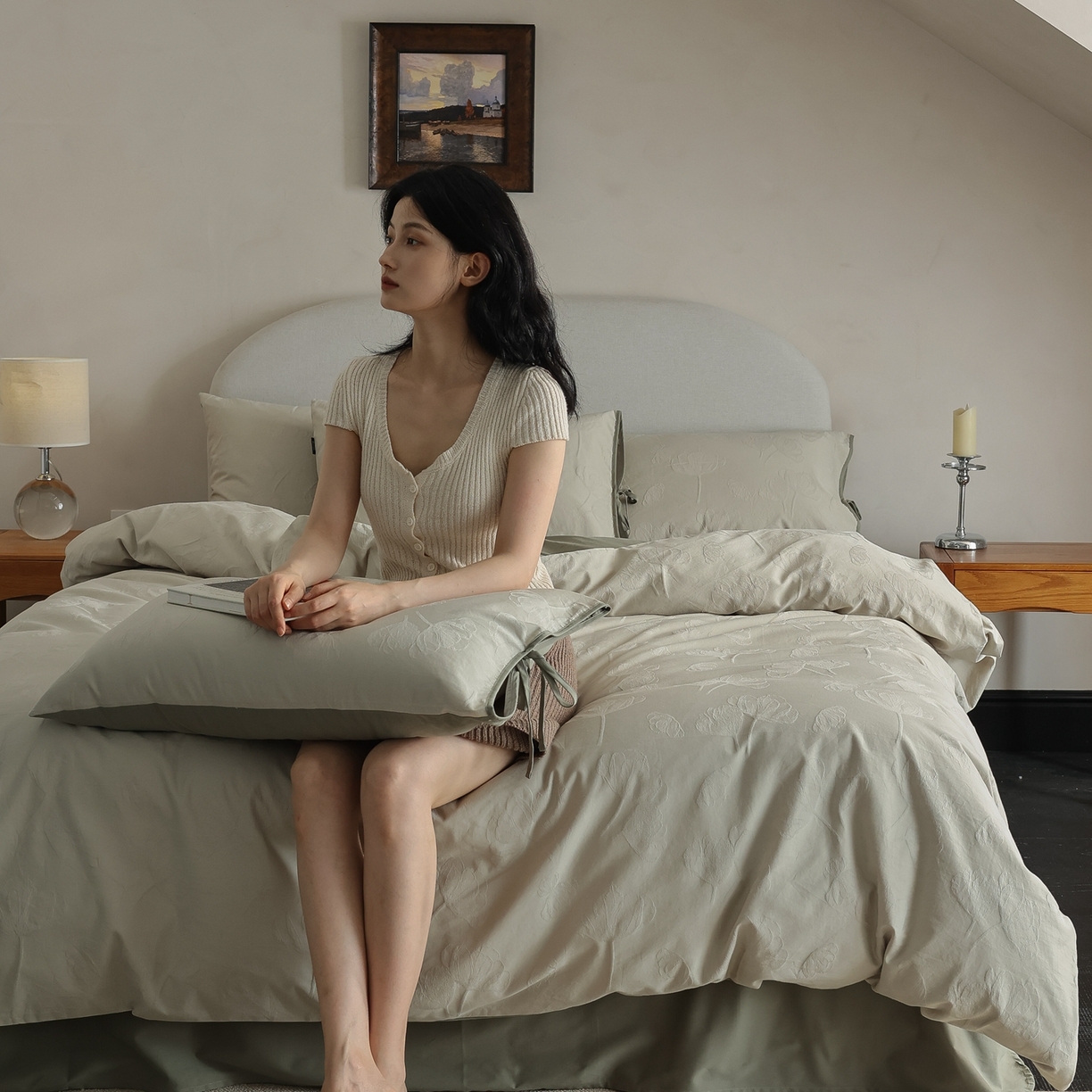 玉宇阁家居 2025秋冬新品60s色织全棉纯棉磨毛大提花四件套-绑带款-第二组图 绑带款-芊芊绿雪