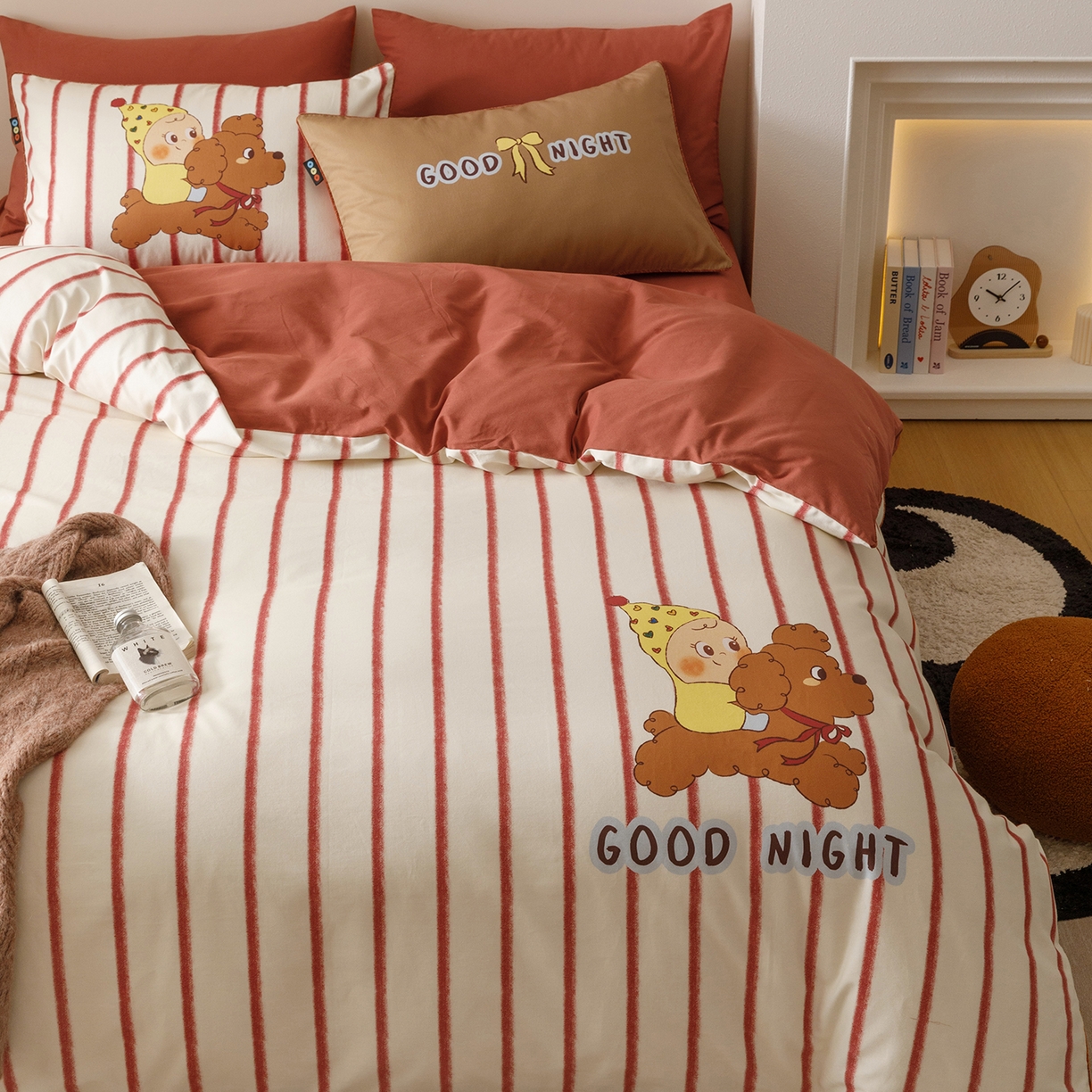 91家纺网 家纺一手货源 找家纺 RYB红黄兰 2025新款全棉纯棉加厚磨毛大版数码印花嵌绳四件套 嘟嘟小黄人