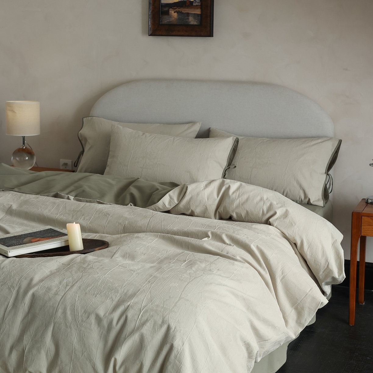 91家纺网 家纺一手货源 找家纺 玉宇阁家居 2025秋冬新品60s色织全棉纯棉磨毛大提花四件套-绑带款-第二组图 绑带款-青白玉