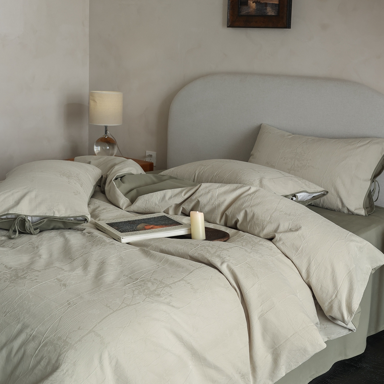 91家纺网 家纺一手货源 找家纺 玉宇阁家居 2025秋冬新品60s色织全棉纯棉磨毛大提花四件套-绑带款-第二组图 绑带款-青白玉