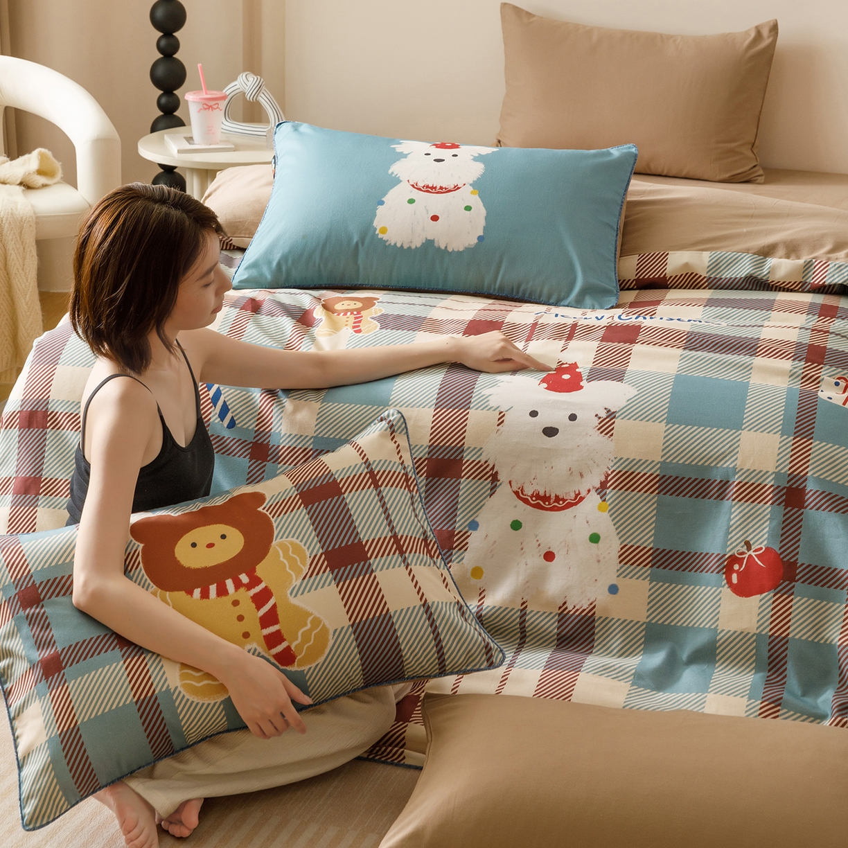 91家纺网 家纺一手货源 找家纺 RYB红黄兰 2025新款全棉纯棉加厚磨毛大版数码印花嵌绳四件套 圣诞西高地