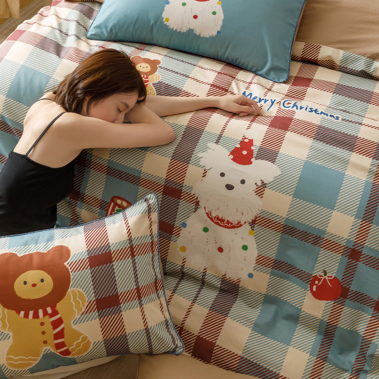 91家纺网 家纺一手货源 找家纺 RYB红黄兰 2025新款全棉纯棉加厚磨毛大版数码印花嵌绳四件套 圣诞西高地