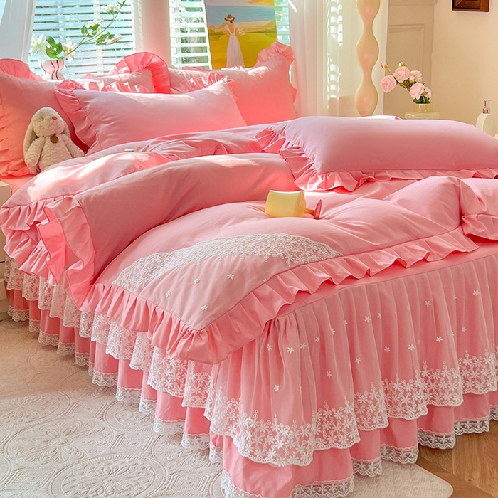 91家纺网 家纺一手货源 找家纺 （总）后庭寝室 2025新款柔软亲肤花边蕾丝床裙四件套-花颜系列