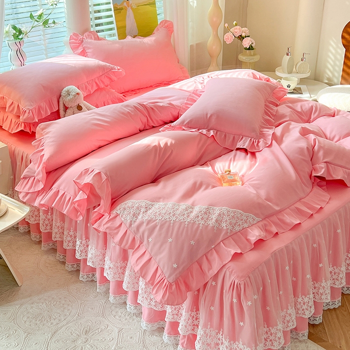 91家纺网 家纺一手货源 找家纺 （总）后庭寝室 2025新款柔软亲肤花边蕾丝床裙四件套-花颜系列