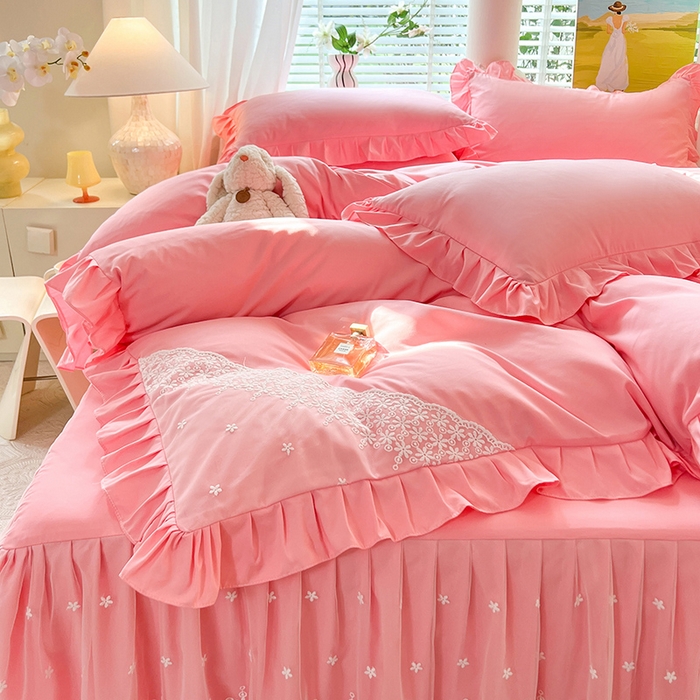 91家纺网 家纺一手货源 找家纺 （总）后庭寝室 2025新款柔软亲肤花边蕾丝床裙四件套-花颜系列