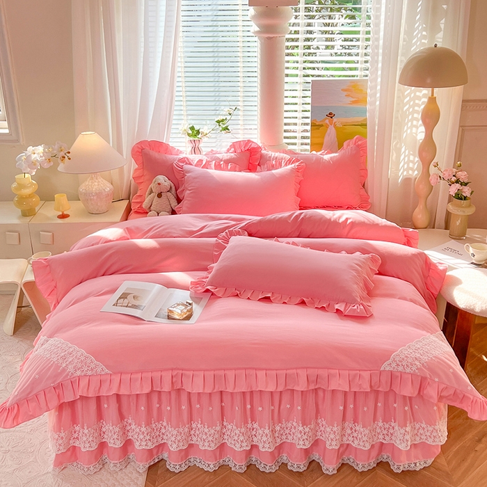 91家纺网 家纺一手货源 找家纺 （总）后庭寝室 2025新款柔软亲肤花边蕾丝床裙四件套-花颜系列