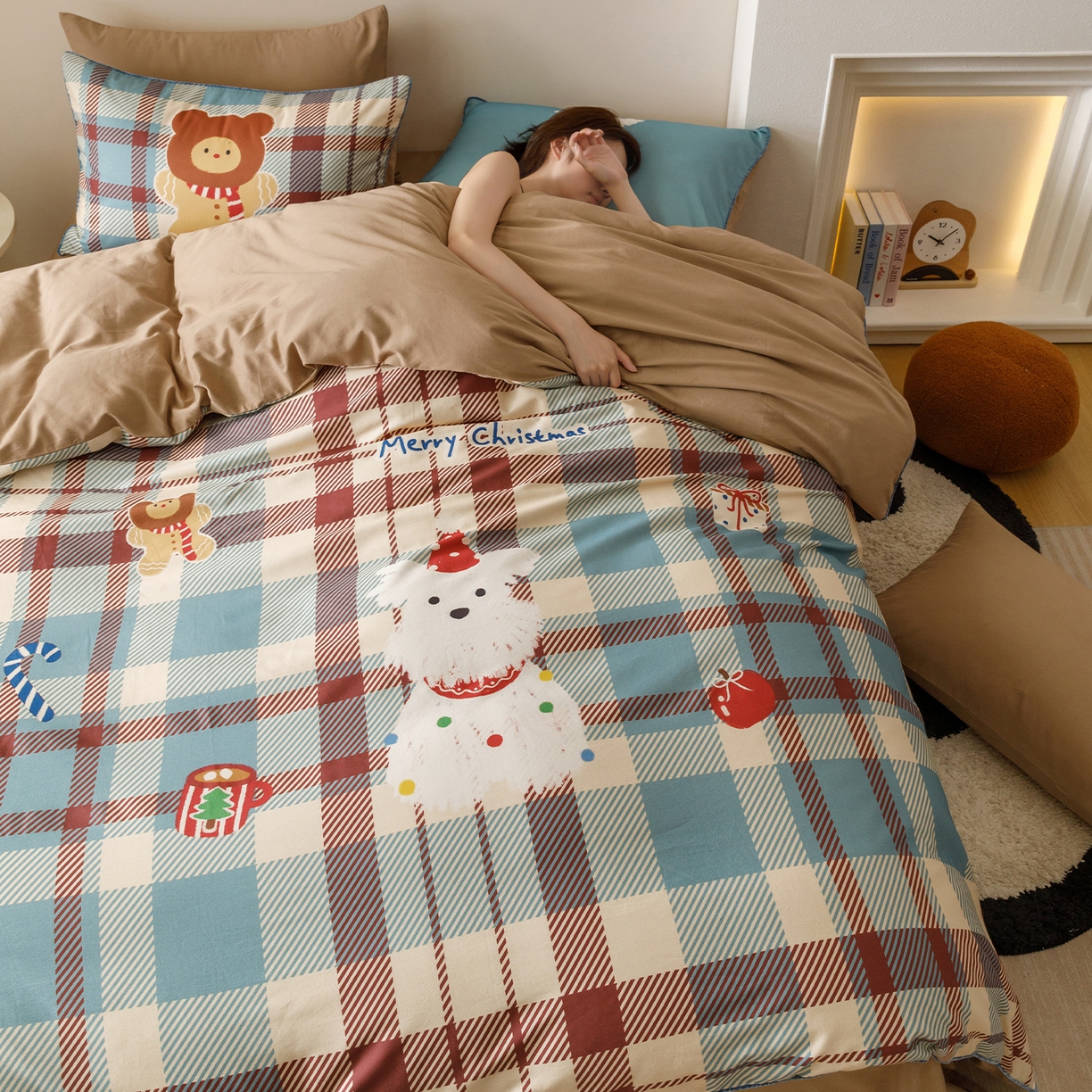 91家纺网 家纺一手货源 找家纺 RYB红黄兰 2025新款全棉纯棉加厚磨毛大版数码印花嵌绳四件套 圣诞西高地