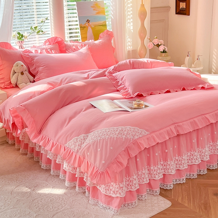 91家纺网 家纺一手货源 找家纺 （总）后庭寝室 2025新款柔软亲肤花边蕾丝床裙四件套-花颜系列