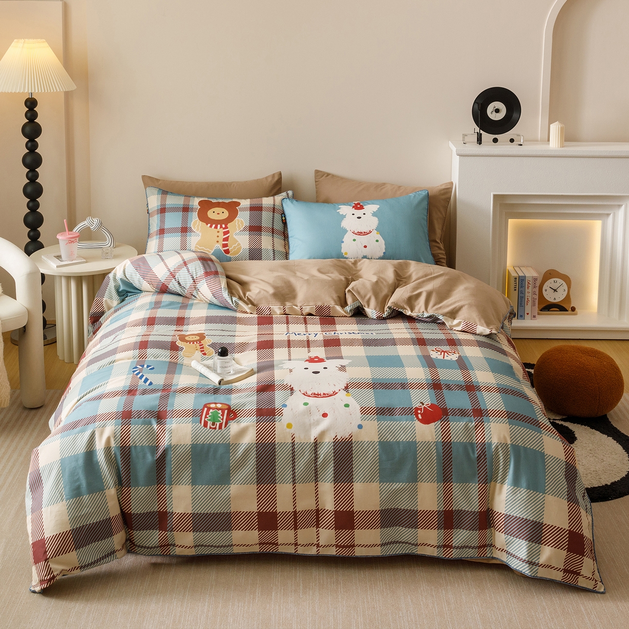 91家纺网 家纺一手货源 找家纺 RYB红黄兰 2025新款全棉纯棉加厚磨毛大版数码印花嵌绳四件套 圣诞西高地