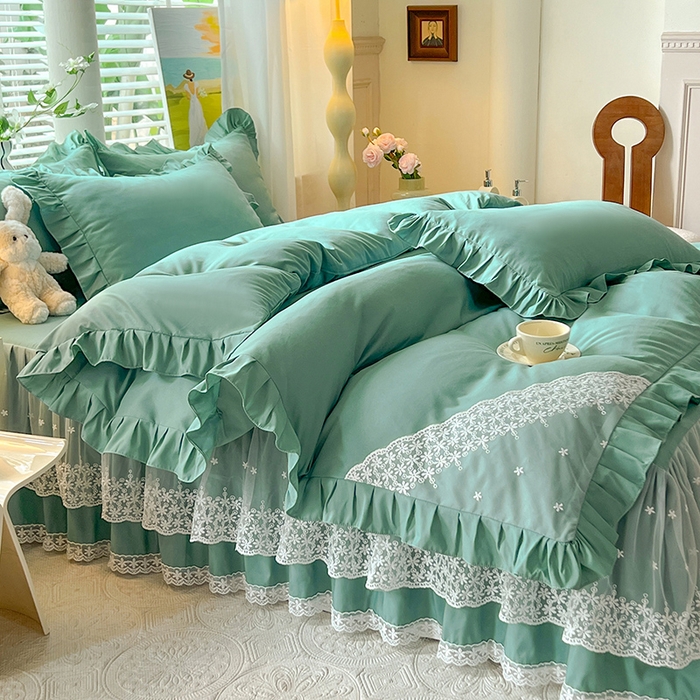 91家纺网 家纺一手货源 找家纺 （总）后庭寝室 2025新款柔软亲肤花边蕾丝床裙四件套-花颜系列