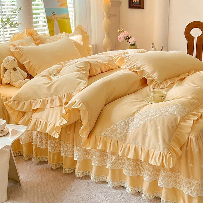 91家纺网 家纺一手货源 找家纺 （总）后庭寝室 2025新款柔软亲肤花边蕾丝床裙四件套-花颜系列