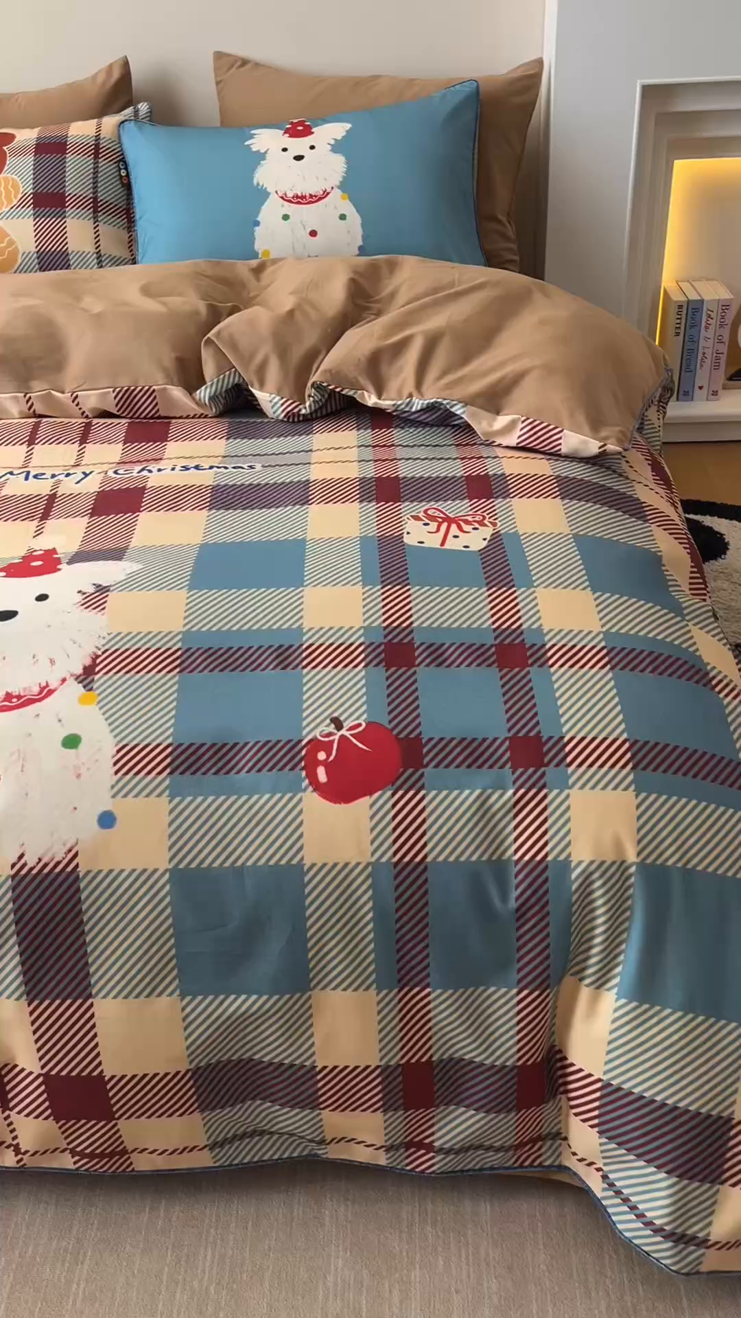 91家纺网 家纺一手货源 找家纺 RYB红黄兰 2025新款全棉纯棉加厚磨毛大版数码印花嵌绳四件套 圣诞西高地