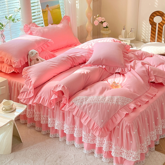 91家纺网 家纺一手货源 找家纺 后庭寝室 2025新款柔软亲肤花边蕾丝床裙四件套-花颜系列 花颜-粉玉