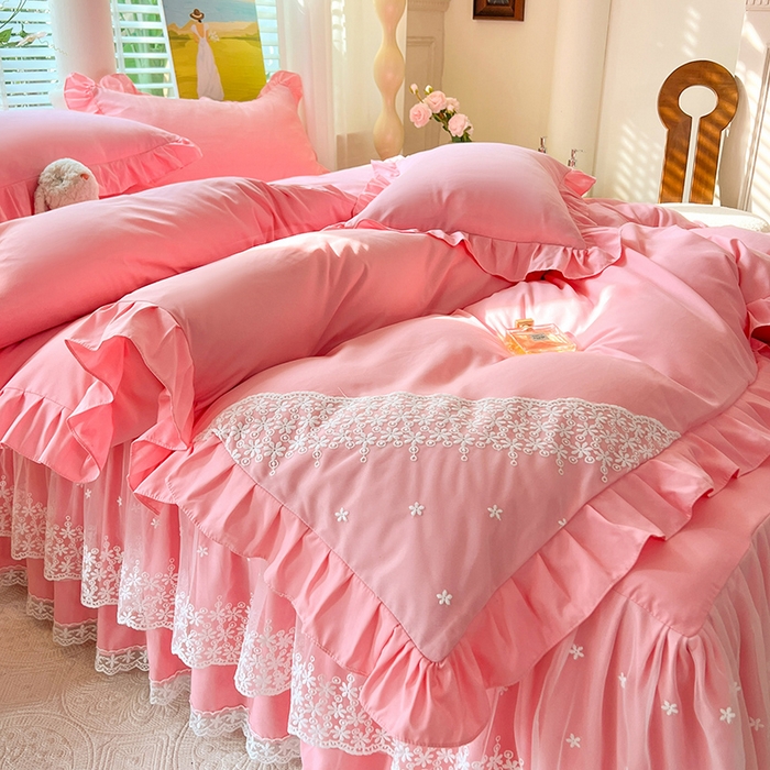 91家纺网 家纺一手货源 找家纺 后庭寝室 2025新款柔软亲肤花边蕾丝床裙四件套-花颜系列 花颜-粉玉