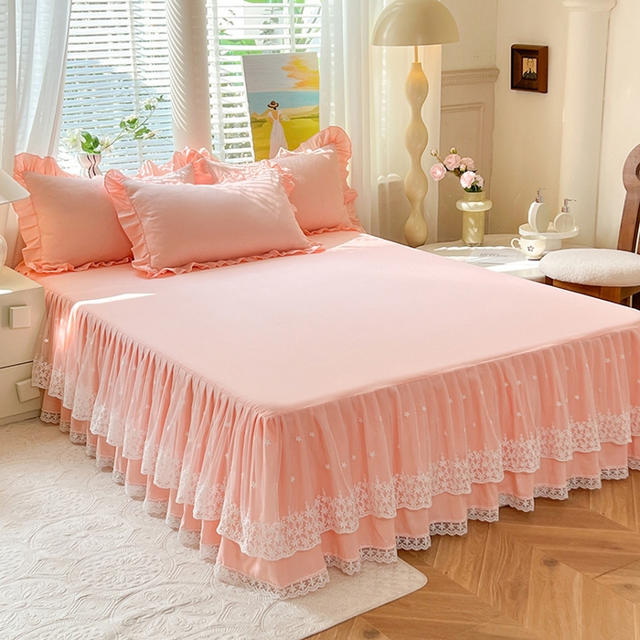 91家纺网 家纺一手货源 找家纺 后庭寝室 2025新款柔软亲肤花边蕾丝床裙四件套-花颜系列 花颜-玉色