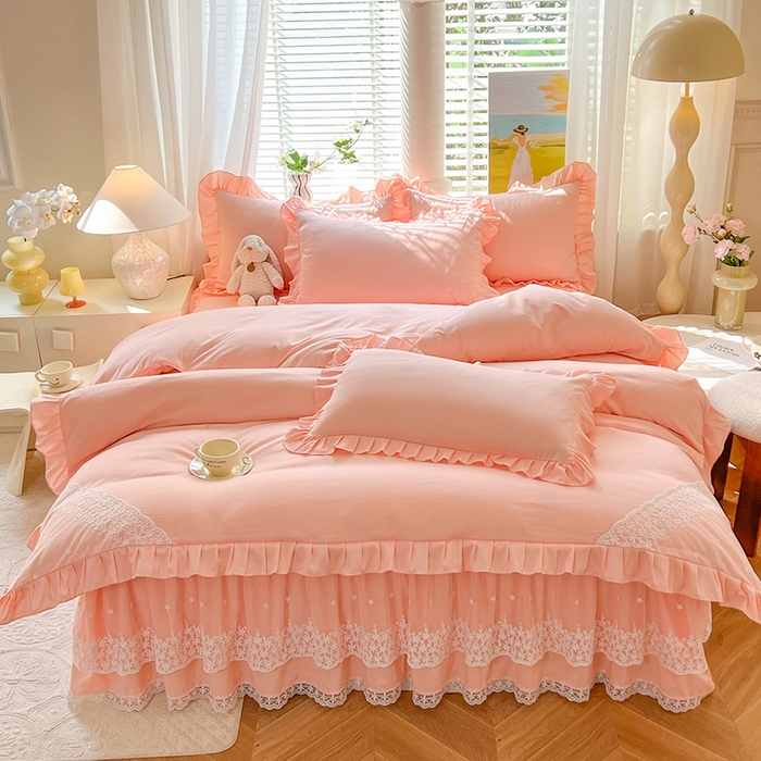 91家纺网 家纺一手货源 找家纺 后庭寝室 2025新款柔软亲肤花边蕾丝床裙四件套-花颜系列 花颜-玉色