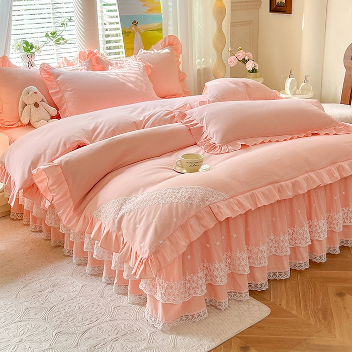 91家纺网 家纺一手货源 找家纺 后庭寝室 2025新款柔软亲肤花边蕾丝床裙四件套-花颜系列 花颜-玉色