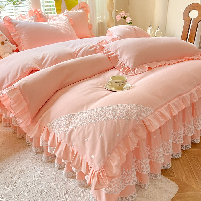 91家纺网 家纺一手货源 找家纺 后庭寝室 2025新款柔软亲肤花边蕾丝床裙四件套-花颜系列 花颜-玉色