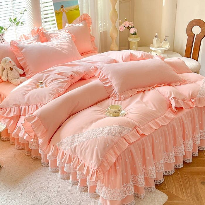 91家纺网 家纺一手货源 找家纺 后庭寝室 2025新款柔软亲肤花边蕾丝床裙四件套-花颜系列 花颜-玉色