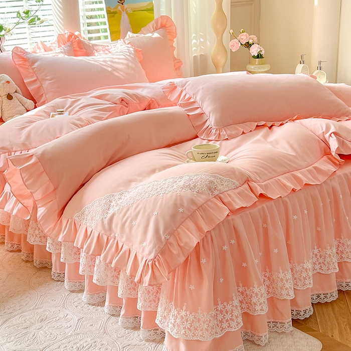 91家纺网 家纺一手货源 找家纺 后庭寝室 2025新款柔软亲肤花边蕾丝床裙四件套-花颜系列 花颜-玉色