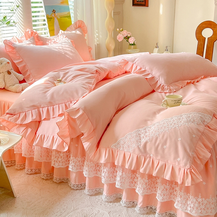 91家纺网 家纺一手货源 找家纺 后庭寝室 2025新款柔软亲肤花边蕾丝床裙四件套-花颜系列 花颜-玉色