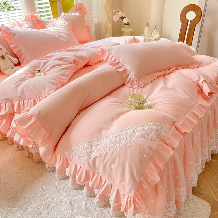 91家纺网 家纺一手货源 找家纺 后庭寝室 2025新款柔软亲肤花边蕾丝床裙四件套-花颜系列 花颜-玉色