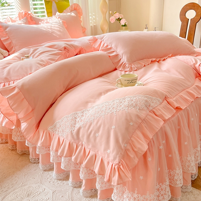 91家纺网 家纺一手货源 找家纺 后庭寝室 2025新款柔软亲肤花边蕾丝床裙四件套-花颜系列 花颜-玉色