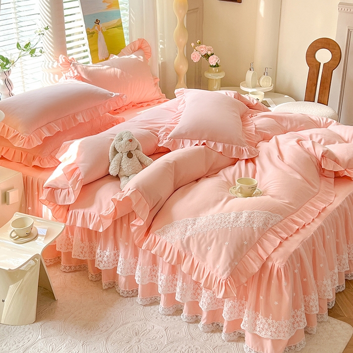 91家纺网 家纺一手货源 找家纺 后庭寝室 2025新款柔软亲肤花边蕾丝床裙四件套-花颜系列 花颜-玉色