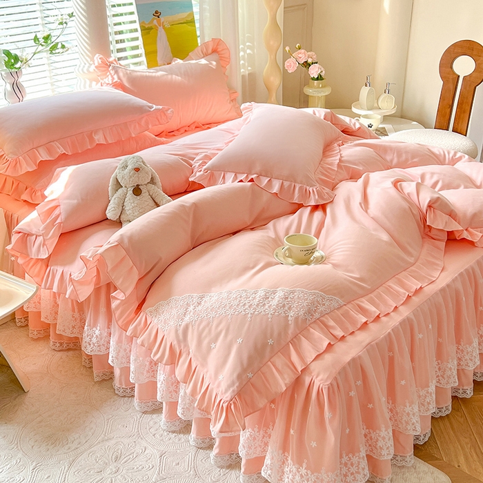 91家纺网 家纺一手货源 找家纺 后庭寝室 2025新款柔软亲肤花边蕾丝床裙四件套-花颜系列 花颜-玉色