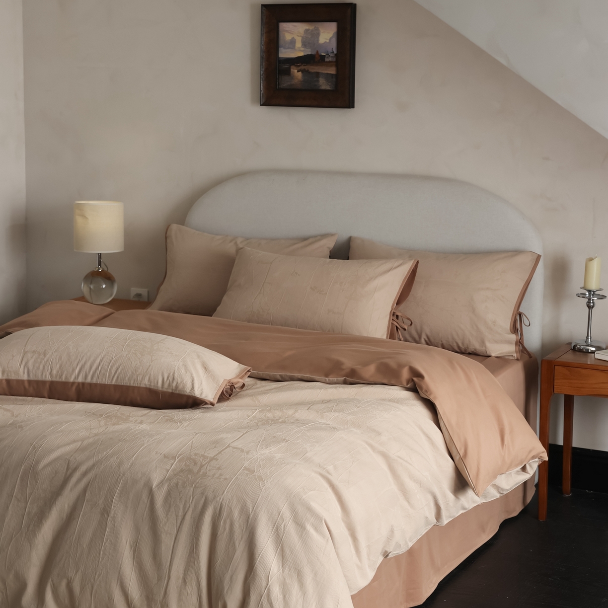 91家纺网 家纺一手货源 找家纺 玉宇阁家居 2025秋冬新品60s色织全棉纯棉磨毛大提花四件套-绑带款-第二组图 绑带款-缃叶棕