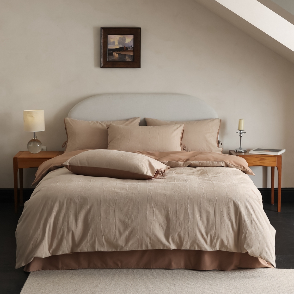 91家纺网 家纺一手货源 找家纺 玉宇阁家居 2025秋冬新品60s色织全棉纯棉磨毛大提花四件套-绑带款-第二组图 绑带款-缃叶棕