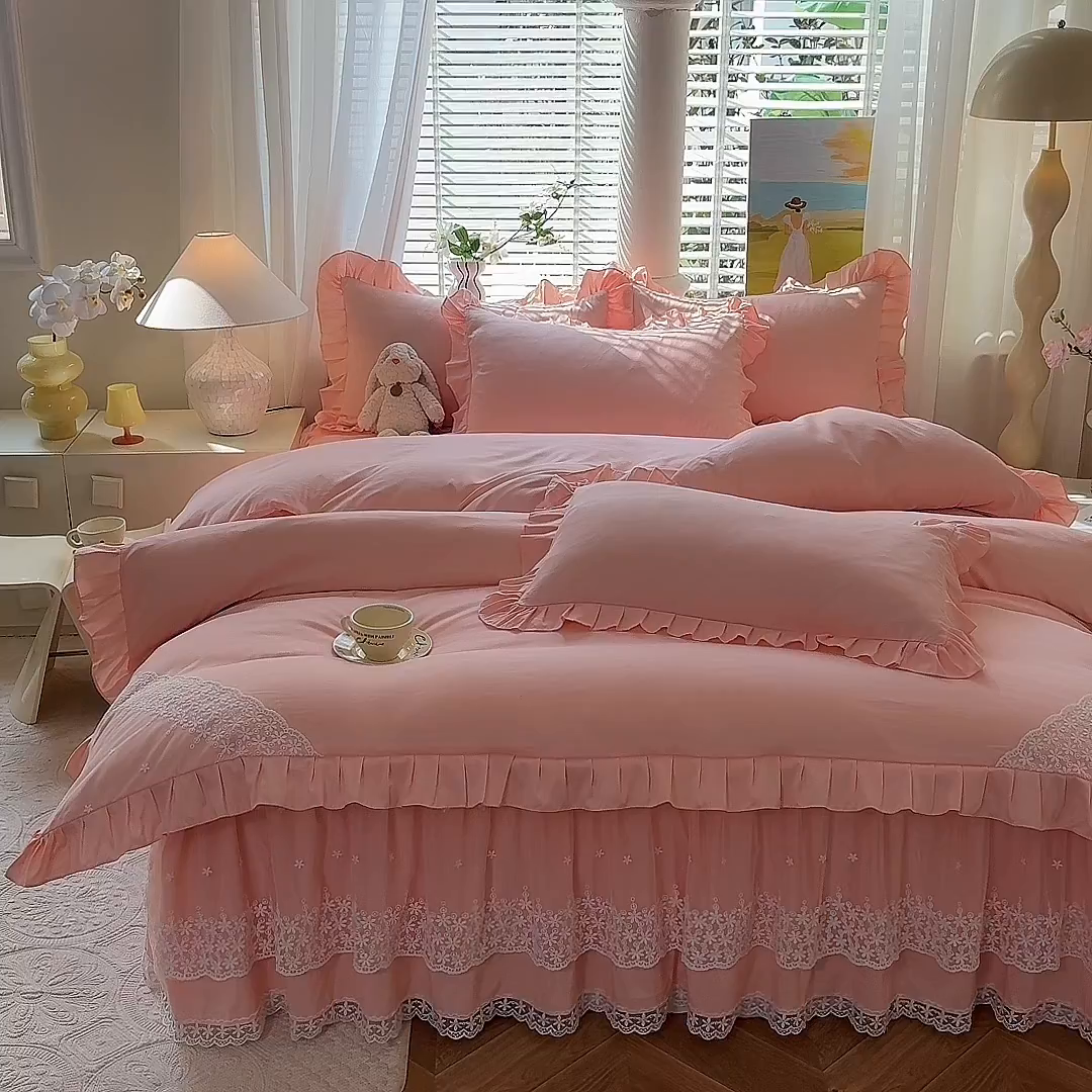 91家纺网 家纺一手货源 找家纺 后庭寝室 2025新款柔软亲肤花边蕾丝床裙四件套-花颜系列 花颜-玉色